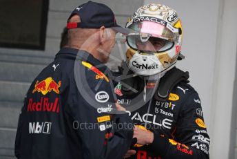 World © Octane Photographic Ltd. Formula 1– Hungarian Grand Prix - Hungaroring, Hungary. Sunday 31st July 2022 Parc Ferme. Oracle Red Bull Racing RB18 – Max Verstappen and Chief Technology Officer - Adrian Newey.