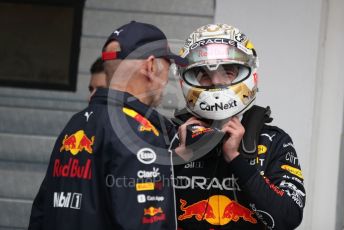 World © Octane Photographic Ltd. Formula 1– Hungarian Grand Prix - Hungaroring, Hungary. Sunday 31st July 2022 Parc Ferme. Oracle Red Bull Racing RB18 – Max Verstappen and Chief Technology Officer - Adrian Newey.