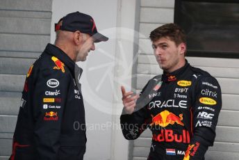 World © Octane Photographic Ltd. Formula 1– Hungarian Grand Prix - Hungaroring, Hungary. Sunday 31st July 2022 Parc Ferme. Oracle Red Bull Racing RB18 – Max Verstappen and Chief Technology Officer - Adrian Newey.