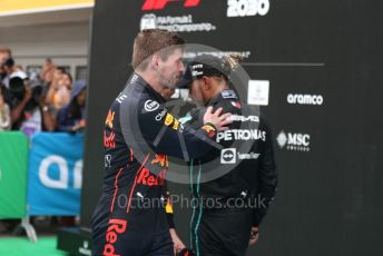 World © Octane Photographic Ltd. Formula 1– Hungarian Grand Prix - Hungaroring, Hungary. Sunday 31st July 2022 Parc Ferme. Oracle Red Bull Racing RB18 – Max Verstappen and Mercedes-AMG Petronas F1 Team F1 W13 - Lewis Hamilton..