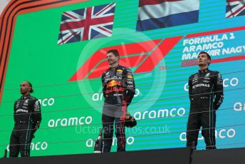 World © Octane Photographic Ltd. Formula 1– Hungarian Grand Prix - Hungaroring, Hungary. Sunday 31st July 2022 Podium. Oracle Red Bull Racing RB18 – Max Verstappen and Chief Technology Officer - Adrian Newey with Mercedes-AMG Petronas F1 Team F1 W13 - Lewis Hamilton and George Russell.