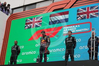 World © Octane Photographic Ltd. Formula 1– Hungarian Grand Prix - Hungaroring, Hungary. Sunday 31st July 2022 Podium. Oracle Red Bull Racing RB18 – Max Verstappen and Chief Technology Officer - Adrian Newey with Mercedes-AMG Petronas F1 Team F1 W13 - Lewis Hamilton and George Russell.