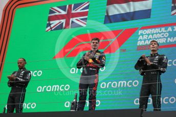 World © Octane Photographic Ltd. Formula 1– Hungarian Grand Prix - Hungaroring, Hungary. Sunday 31st July 2022 Podium. Oracle Red Bull Racing RB18 – Max Verstappen with Mercedes-AMG Petronas F1 Team F1 W13 - Lewis Hamilton and George Russell.
