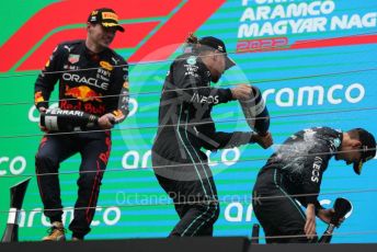 World © Octane Photographic Ltd. Formula 1– Hungarian Grand Prix - Hungaroring, Hungary. Sunday 31st July 2022 Podium. Oracle Red Bull Racing RB18 – Max Verstappen with Mercedes-AMG Petronas F1 Team F1 W13 - Lewis Hamilton and George Russell.