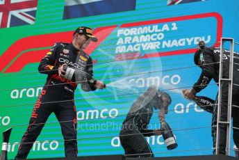 World © Octane Photographic Ltd. Formula 1– Hungarian Grand Prix - Hungaroring, Hungary. Sunday 31st July 2022 Podium. Oracle Red Bull Racing RB18 – Max Verstappen with Mercedes-AMG Petronas F1 Team F1 W13 - Lewis Hamilton and George Russell.