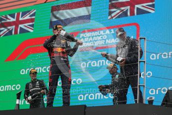 World © Octane Photographic Ltd. Formula 1– Hungarian Grand Prix - Hungaroring, Hungary. Sunday 31st July 2022 Podium. Oracle Red Bull Racing RB18 – Max Verstappen and Oracle Red Bull Racing Chief Technology Officer - Adrian Newey.
