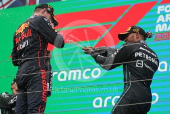 World © Octane Photographic Ltd. Formula 1– Hungarian Grand Prix - Hungaroring, Hungary. Sunday 31st July 2022 Podium. Oracle Red Bull Racing RB18 – Max Verstappen and Mercedes-AMG Petronas F1 Team F1 W13 - Lewis Hamilton.