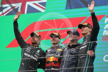 World © Octane Photographic Ltd. Formula 1– Hungarian Grand Prix - Hungaroring, Hungary. Sunday 31st July 2022 Podium. Oracle Red Bull Racing RB18 – Max Verstappen and Chief Technology Officer - Adrian Newey with Mercedes-AMG Petronas F1 Team F1 W13 - Lewis Hamilton and George Russell.