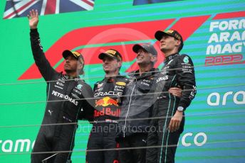 World © Octane Photographic Ltd. Formula 1– Hungarian Grand Prix - Hungaroring, Hungary. Sunday 31st July 2022 Podium. Oracle Red Bull Racing RB18 – Max Verstappen and Chief Technology Officer - Adrian Newey with Mercedes-AMG Petronas F1 Team F1 W13 - Lewis Hamilton and George Russell.