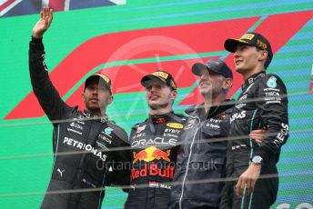 World © Octane Photographic Ltd. Formula 1– Hungarian Grand Prix - Hungaroring, Hungary. Sunday 31st July 2022 Podium. Oracle Red Bull Racing RB18 – Max Verstappen and Chief Technology Officer - Adrian Newey with Mercedes-AMG Petronas F1 Team F1 W13 - Lewis Hamilton and George Russell.