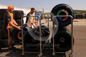 World © Octane Photographic Ltd. Formula 1 – Formula 1 – Hungarian Grand Prix - Hungaroring, Hungary. Thursday 28th July 2022 Paddock. McLaren F1 Team and Pirelli wet tyres