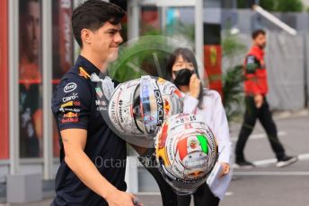 World © Octane Photographic Ltd. Formula 1 – Japanese Grand Prix - Suzuka Circuit, Japan. Saturday 8th October 2022. Paddock. Oracle Red Bull Racing RB18 – Sergio Perez' Japanese helmets