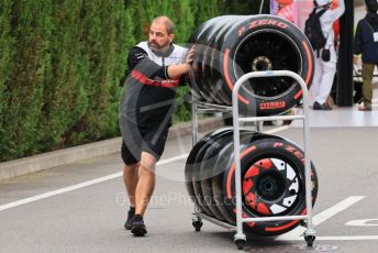 World © Octane Photographic Ltd. Formula 1 – Japanese Grand Prix - Suzuka Circuit, Japan. Thursday 6th October 2022. Arrivals. Alfa Romeo F1 Team Orlen mechanic with Pirelli soft tyres