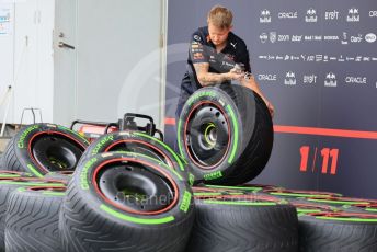 World © Octane Photographic Ltd. Formula 1 – Japanese Grand Prix - Suzuka Circuit, Japan. Thursday 6th October 2022. Arrivals. Oracle Red Bull Racing mechanic with Pirelli intermediate tyres