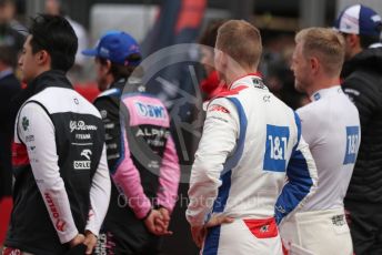 World © Octane Photographic Ltd. Formula 1 – British Grand Prix - Silverstone. Sunday 3rd July 2022. Grid. Alfa Romeo F1 Team Orlen C42 - Guanyu Zhou, BWT Alpine F1 Team A522 - Fernando Alonso, Haas F1 Team VF-22 - Mick Schumacher and Kevin Magnussen,