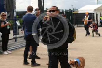 World © Octane Photographic Ltd. Formula 1 – British Grand Prix - Silverstone. Friday 1st July 2022. Paddock. Mercedes-AMG Petronas F1 Team F1 W13 - Lewis Hamilton with his dog Roscoe.