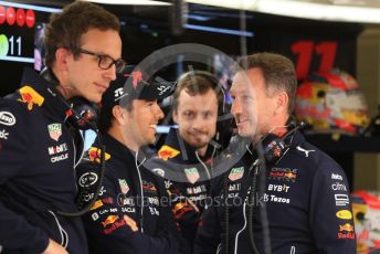 World © Octane Photographic Ltd. Formula 1 – British Grand Prix - Silverstone. Saturday 2nd July 2022. Practice 3. Oracle Red Bull Racing RB18 – Sergio Perez and Team Principal Christian Horner