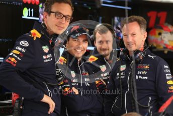 World © Octane Photographic Ltd. Formula 1 – British Grand Prix - Silverstone. Saturday 2nd July 2022. Practice 3. Oracle Red Bull Racing RB18 – Sergio Perez and Team Principal Christian Horner