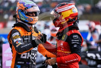 World © Octane Photographic Ltd. Formula 1 – British Grand Prix - Silverstone. Sunday 3rd July 2022. Parc Ferme. Scuderia Ferrari F1-75 - Carlos Sainz and McLaren F1 Team MCL36 - Daniel Ricciardo.