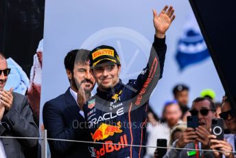 World © Octane Photographic Ltd. Formula 1 – British Grand Prix - Silverstone. Sunday 3rd July 2022. Podium. Oracle Red Bull Racing RB18 – Sergio Perez.