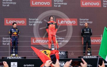 World © Octane Photographic Ltd. Formula 1 – British Grand Prix - Silverstone. Sunday 3rd July 2022. Podium. Scuderia Ferrari F1-75 - Carlos Sainz, Oracle Red Bull Racing RB18 – Sergio Perez and Mercedes-AMG Petronas F1 Team F1 W13 - Lewis Hamilton.
