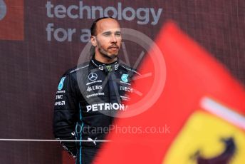 World © Octane Photographic Ltd. Formula 1 – British Grand Prix - Silverstone. Sunday 3rd July 2022. Podium. Mercedes-AMG Petronas F1 Team F1 W13 - Lewis Hamilton and Ferrari flag.