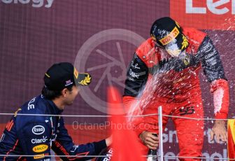 World © Octane Photographic Ltd. Formula 1 – British Grand Prix - Silverstone. Sunday 3rd July 2022. Podium. Scuderia Ferrari F1-75 - Carlos Sainz and Oracle Red Bull Racing RB18 – Sergio Perez