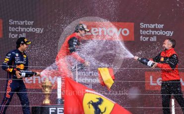 World © Octane Photographic Ltd. Formula 1 – British Grand Prix - Silverstone. Sunday 3rd July 2022. Podium. Scuderia Ferrari F1-75 - Carlos Sainz and Oracle Red Bull Racing RB18 – Sergio Perez