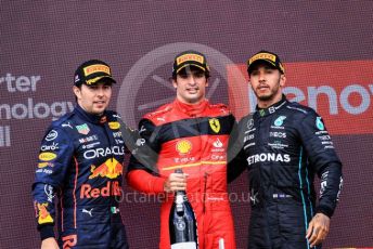 World © Octane Photographic Ltd. Formula 1 – British Grand Prix - Silverstone. Sunday 3rd July 2022. Podium. Scuderia Ferrari F1-75 - Carlos Sainz, Oracle Red Bull Racing RB18 – Sergio Perez and Mercedes-AMG Petronas F1 Team F1 W13 - Lewis Hamilton.