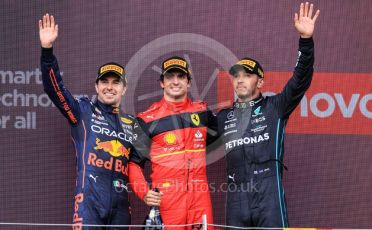 World © Octane Photographic Ltd. Formula 1 – British Grand Prix - Silverstone. Sunday 3rd July 2022. Podium. Scuderia Ferrari F1-75 - Carlos Sainz, Oracle Red Bull Racing RB18 – Sergio Perez and Mercedes-AMG Petronas F1 Team F1 W13 - Lewis Hamilton.