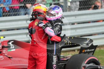 World © Octane Photographic Ltd. Formula 1 – British Grand Prix - Silverstone. Sunday 3rd July 2022. Parc Ferme. Scuderia Ferrari F1-75 - Carlos Sainz and BWT Alpine F1 Team A522 - Fernando Alonso - The only 2 Spanish F1 winners.