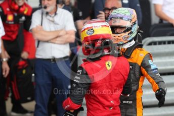 World © Octane Photographic Ltd. Formula 1 – British Grand Prix - Silverstone. Sunday 3rd July 2022. Parc Ferme. Scuderia Ferrari F1-75 - Carlos Sainz and McLaren F1 Team MCL36 - Daniel Ricciardo.