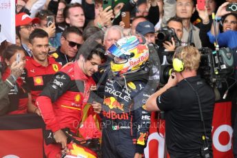 World © Octane Photographic Ltd. Formula 1 – British Grand Prix - Silverstone. Sunday 3rd July 2022. Parc Ferme. Oracle Red Bull Racing RB18 – Sergio Perez and Scuderia Ferrari F1-75 - Carlos Sainz.