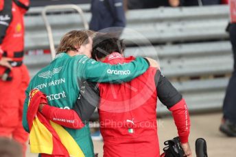 World © Octane Photographic Ltd. Formula 1 – British Grand Prix - Silverstone. Sunday 3rd July 2022. Parc Ferme. Aston Martin Aramco Cognizant F1 Team AMR22 - Sebastian Vettel and Scuderia Ferrari F1-75 - Carlos Sainz.