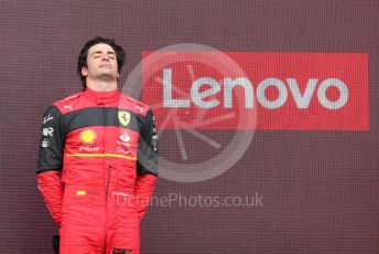 World © Octane Photographic Ltd. Formula 1 – British Grand Prix - Silverstone. Sunday 3rd July 2022. Podium. Scuderia Ferrari F1-75 - Carlos Sainz.