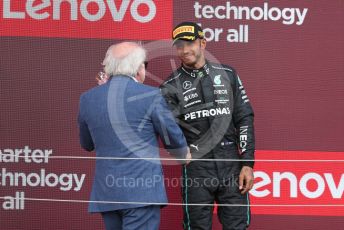 World © Octane Photographic Ltd. Formula 1 – British Grand Prix - Silverstone. Sunday 3rd July 2022. Podium. Mercedes-AMG Petronas F1 Team F1 W13 - Lewis Hamilton and David Richards.