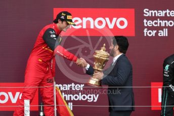 World © Octane Photographic Ltd. Formula 1 – British Grand Prix - Silverstone. Sunday 3rd July 2022. Podium. Scuderia Ferrari F1-75 - Carlos Sainz and Head of FIA - Mohammed bin Sulayem.