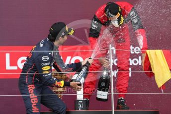 World © Octane Photographic Ltd. Formula 1 – British Grand Prix - Silverstone. Sunday 3rd July 2022. Podium. Scuderia Ferrari F1-75 - Carlos Sainz and Oracle Red Bull Racing RB18 – Sergio Perez