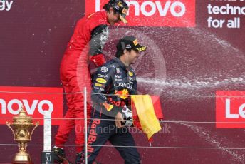 World © Octane Photographic Ltd. Formula 1 – British Grand Prix - Silverstone. Sunday 3rd July 2022. Podium. Scuderia Ferrari F1-75 - Carlos Sainz and Oracle Red Bull Racing RB18 – Sergio Perez