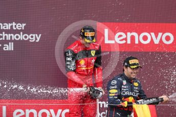 World © Octane Photographic Ltd. Formula 1 – British Grand Prix - Silverstone. Sunday 3rd July 2022. Podium. Scuderia Ferrari F1-75 - Carlos Sainz and Oracle Red Bull Racing RB18 – Sergio Perez