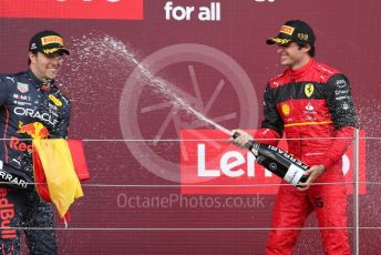 World © Octane Photographic Ltd. Formula 1 – British Grand Prix - Silverstone. Sunday 3rd July 2022. Podium. Scuderia Ferrari F1-75 - Carlos Sainz and Oracle Red Bull Racing RB18 – Sergio Perez