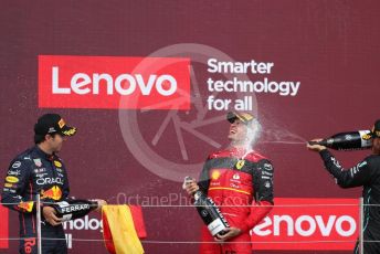 World © Octane Photographic Ltd. Formula 1 – British Grand Prix - Silverstone. Sunday 3rd July 2022. Podium. Scuderia Ferrari F1-75 - Carlos Sainz, Oracle Red Bull Racing RB18 – Sergio Perez and Mercedes-AMG Petronas F1 Team F1 W13 - Lewis Hamilton.