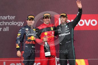 World © Octane Photographic Ltd. Formula 1 – British Grand Prix - Silverstone. Sunday 3rd July 2022. Podium. Scuderia Ferrari F1-75 - Carlos Sainz, Oracle Red Bull Racing RB18 – Sergio Perez and Mercedes-AMG Petronas F1 Team F1 W13 - Lewis Hamilton.