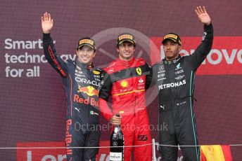 World © Octane Photographic Ltd. Formula 1 – British Grand Prix - Silverstone. Sunday 3rd July 2022. Podium. Scuderia Ferrari F1-75 - Carlos Sainz, Oracle Red Bull Racing RB18 – Sergio Perez and Mercedes-AMG Petronas F1 Team F1 W13 - Lewis Hamilton.