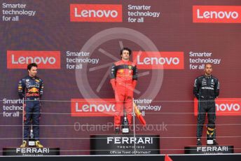 World © Octane Photographic Ltd. Formula 1 – British Grand Prix - Silverstone. Sunday 3rd July 2022. Podium. Scuderia Ferrari F1-75 - Carlos Sainz, Oracle Red Bull Racing RB18 – Sergio Perez and Mercedes-AMG Petronas F1 Team F1 W13 - Lewis Hamilton.