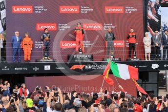 World © Octane Photographic Ltd. Formula 1 – British Grand Prix - Silverstone. Sunday 3rd July 2022. Podium. Scuderia Ferrari F1-75 - Carlos Sainz, Oracle Red Bull Racing RB18 – Sergio Perez and Mercedes-AMG Petronas F1 Team F1 W13 - Lewis Hamilton.