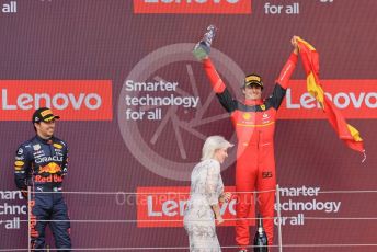 World © Octane Photographic Ltd. Formula 1 – British Grand Prix - Silverstone. Sunday 3rd July 2022. Podium. Scuderia Ferrari F1-75 - Carlos Sainz and Oracle Red Bull Racing RB18 – Sergio Perez