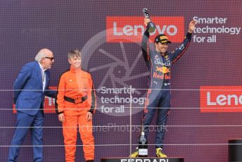 World © Octane Photographic Ltd. Formula 1 – British Grand Prix - Silverstone. Sunday 3rd July 2022. Podium. Oracle Red Bull Racing RB18 – Sergio Perez with David Richards and marshal Nadine Lewis.