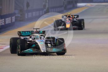 World © Octane Photographic Ltd. Formula 1 – Singapore Grand Prix - Marina Bay, Singapore. Saturday 1st October 2022. Practice 3. Mercedes-AMG Petronas F1 Team F1 W13 - George Russell and Oracle Red Bull Racing RB18 – Sergio Perez.