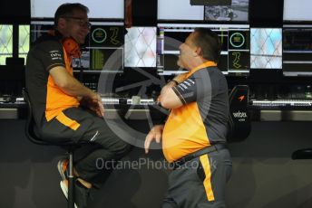World © Octane Photographic Ltd. Formula 1 – Singapore Grand Prix - Marina Bay, Singapore. Saturday 1st October 2022. Practice 3. McLaren F1 Team Chief Executive Officer – Zak Brown and Team Principal – Andreas Seidl.